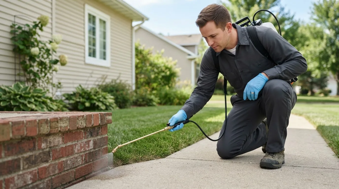 Pest control technician treating a home near Brady, TX